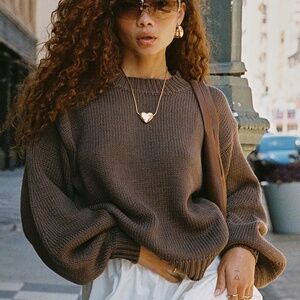 Princess Polly Harmony Balloon Sleeve Knit Sweater Dark Brown Sz  s/m
